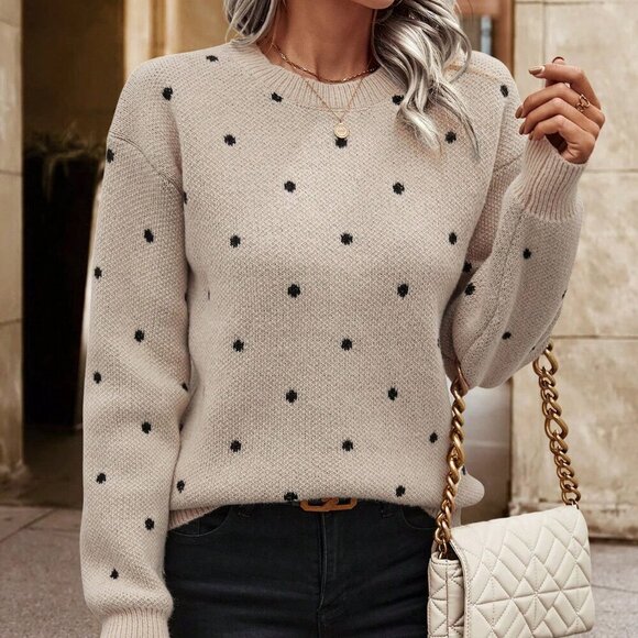 Khaki Casual Women's Polka Dot Pattern Drop Shoulder knit Sweater top - Picture 4 of 6